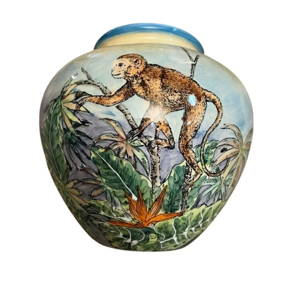 Maxcera Pottery Large Hand Painted Pot with Jungle Animals & Scenes